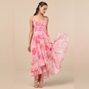 open lace back dress Brunch Date Mixed Media Floral Tiered Midi Dress - Pink Multi main image 0